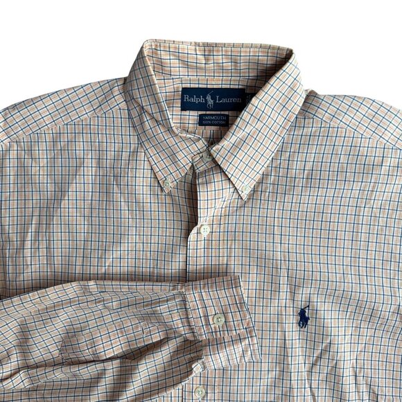 Ralph Lauren Yarmouth Mens 16 Orange Blue‎ Plaid Button Up Shirt Pony Preppy - Picture 1 of 6
